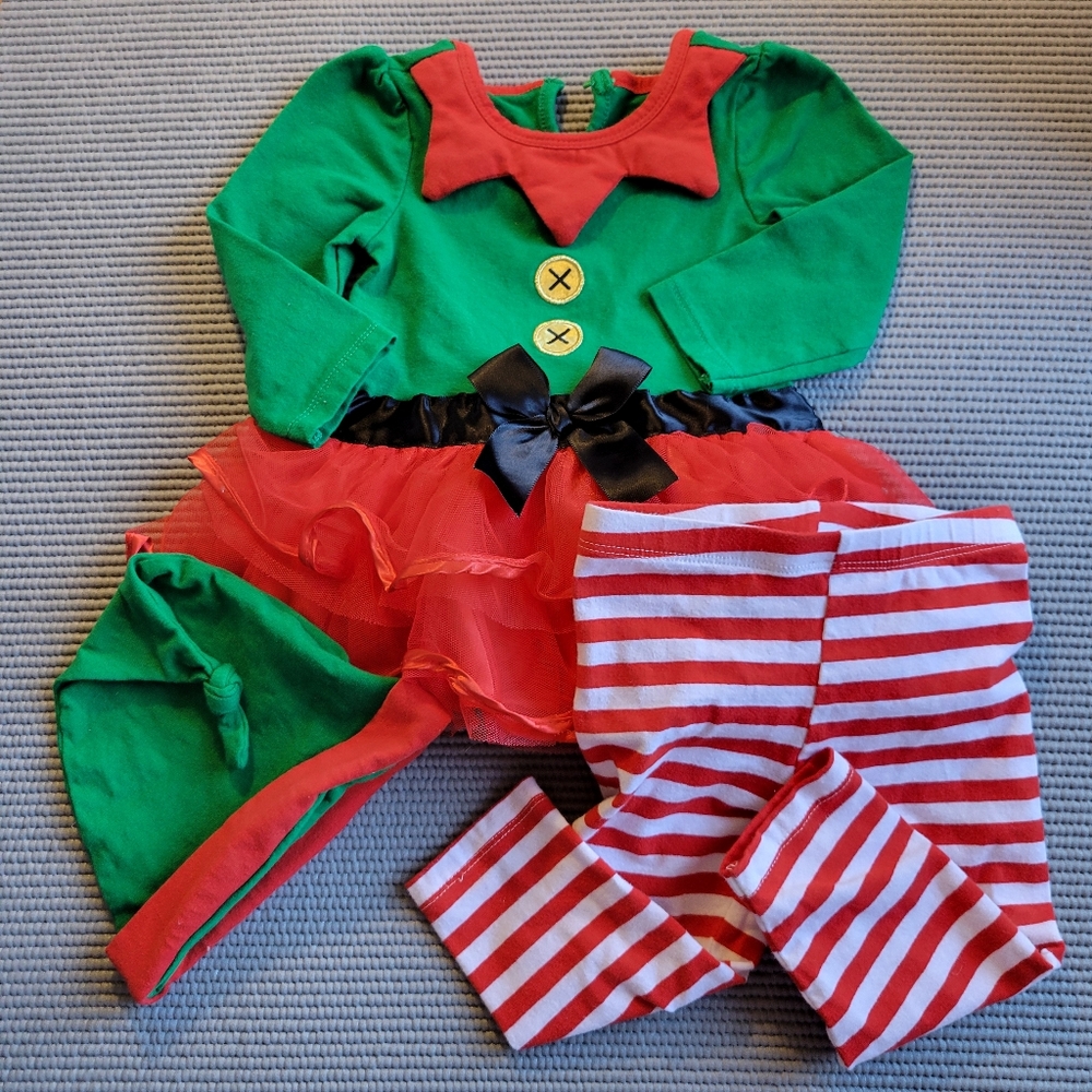 9-12 month Christmas elf baby matching 3 piece set outfit green with red dress
